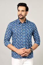 Load image into Gallery viewer, Blue Zigzag Sanganeri Print Cotton Shirt for Men