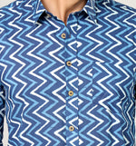 Load image into Gallery viewer, Blue Zigzag Sanganeri Print Cotton Shirt for Men