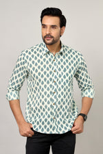 Load image into Gallery viewer, White & Teal Sanganeri Paisley Print Cotton Shirt for Men
