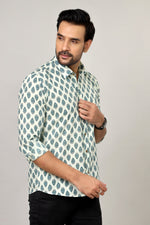 Load image into Gallery viewer, White & Teal Sanganeri Paisley Print Cotton Shirt for Men