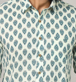 Load image into Gallery viewer, White & Teal Sanganeri Paisley Print Cotton Shirt for Men