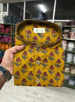 Load image into Gallery viewer, Mustard Floral Sanganeri Cotton Short Kurta for Men