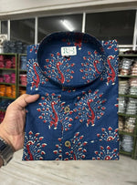 Load image into Gallery viewer, Royal Blue Peacock Print Short Kurta for Men – Cotton Ethnic Kurta