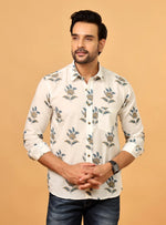 Load image into Gallery viewer, Men's Beige Floral Shirt – Blue & Yellow Printed Casual Top