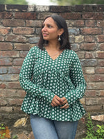 Load image into Gallery viewer, Green Floral Buti Print Peplum Top for Women