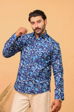 Load image into Gallery viewer, Handcrafted Indigo Floral Print Cotton Shirt for Men – Deep Blue