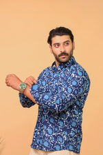 Load image into Gallery viewer, Handcrafted Indigo Floral Print Cotton Shirt for Men – Deep Blue