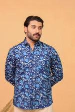 Load image into Gallery viewer, Handcrafted Indigo Floral Print Cotton Shirt for Men – Deep Blue