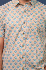 Load image into Gallery viewer, Men’s Beige & Blue Floral Hand Block Printed Cotton Shirt