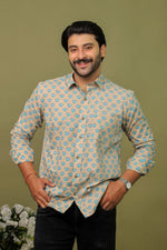 Load image into Gallery viewer, Beige Blue Floral Sanganeri Print Cotton Shirt