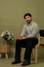 Load image into Gallery viewer, Beige Blue Floral Sanganeri Print Cotton Shirt