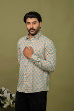 Load image into Gallery viewer, Beige Blue Floral Sanganeri Print Cotton Shirt