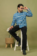 Load image into Gallery viewer, Indigo Blue Floral Printed Cotton Shirt for Men – Rangat Jaipur