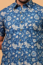 Load image into Gallery viewer, Men’s Blue Tropical Floral Printed Half Sleeve Shirt by Rangat Jaipur