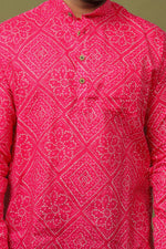 Load image into Gallery viewer, Pink Bandhani Print Cotton Short Kurta Shirt for Men