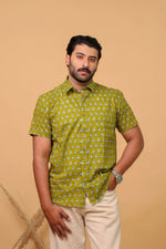 Load image into Gallery viewer, Men’s Olive Green Bird Printed Half Sleeve Shirt by Rangat Jaipur