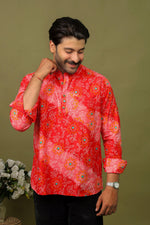 Load image into Gallery viewer, Men’s Handcrafted Bandhani Short Kurta – Pink and Red Tie-Dye Print