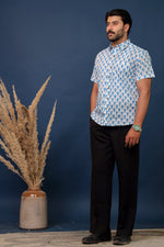 Load image into Gallery viewer, Men’s White & Blue Floral Hand Block Printed Cotton Shirt