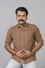 Load image into Gallery viewer, Men’s brown ethnic geometric print cotton shirt by Rangat Jaipur