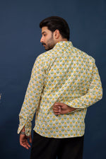 Load image into Gallery viewer, Yellow Floral Sanganeri Print Cotton Shirt for Men