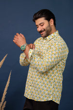 Load image into Gallery viewer, Yellow Floral Sanganeri Print Cotton Shirt for Men