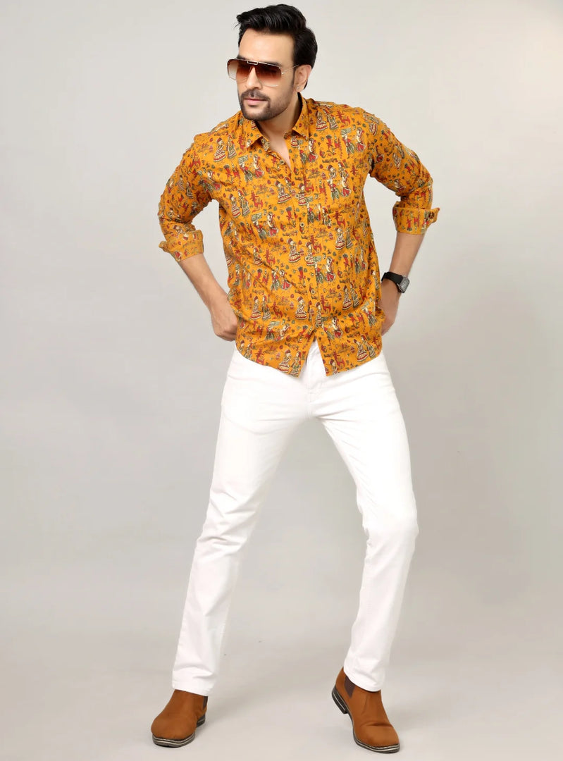 Mustard Folk Art Figures Full Sleeve Shirt