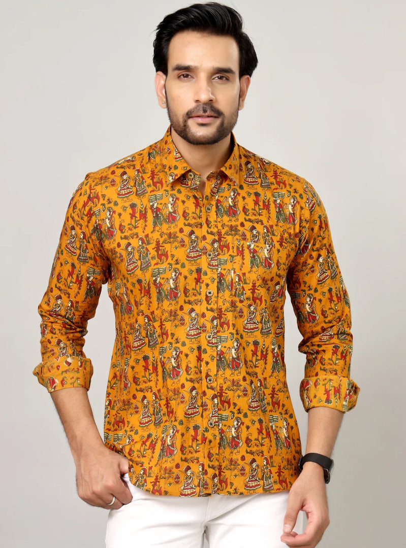 Mustard Folk Art Figures Full Sleeve Shirt