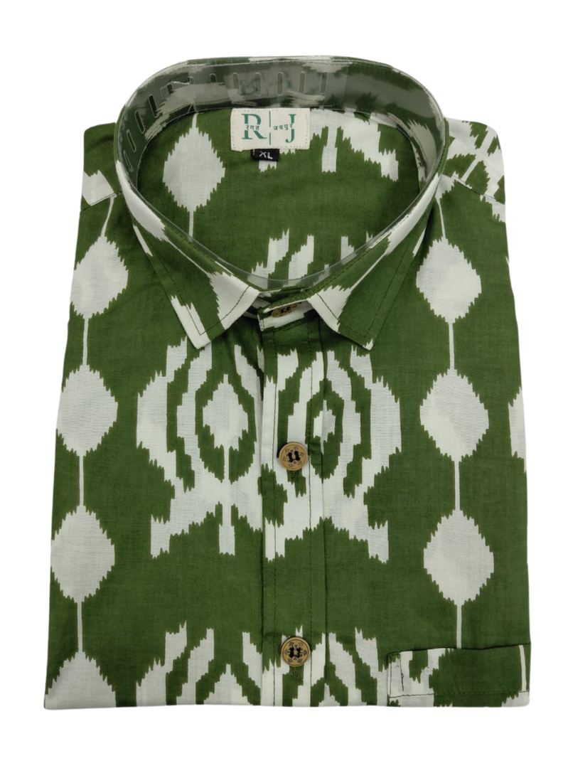 Men’s Green & White Ikat Pattern Shirt – Soft Cotton Fabric