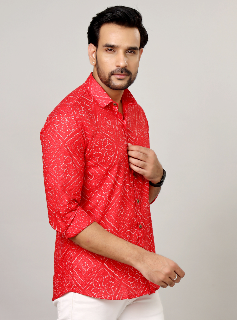 Traditional Bandhani Motif Shirt – Red