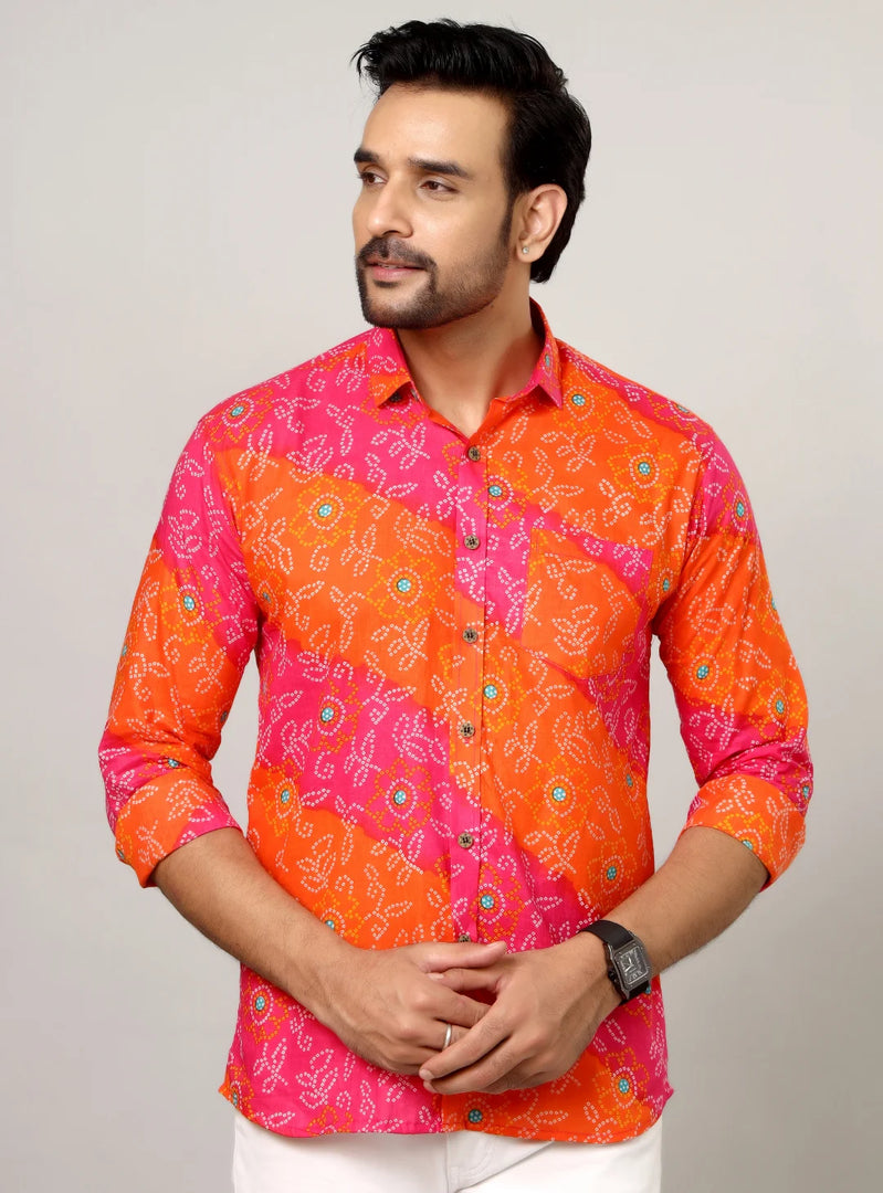 Rangdeep – Red Bandhani Printed Cotton Shirt
