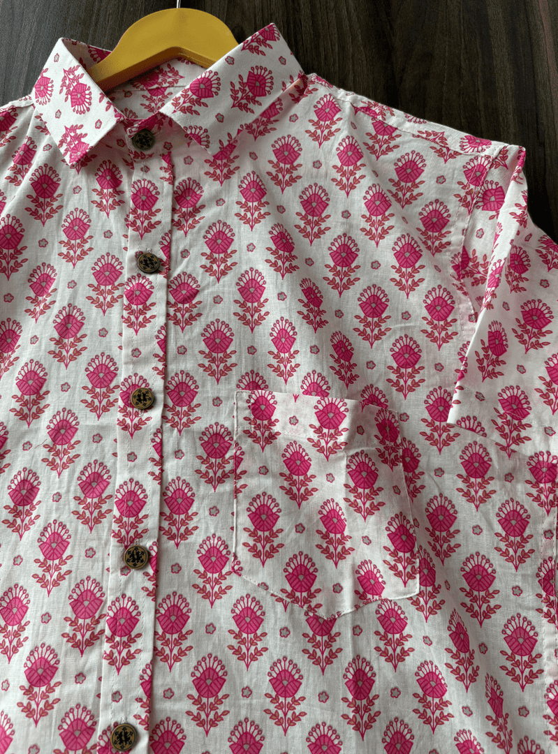 Jaipur Hand Block Print Cotton Shirt – Pink Botanical Pattern