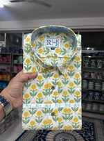 Load image into Gallery viewer, Yellow Floral Sanganeri Print Cotton Shirt for Men