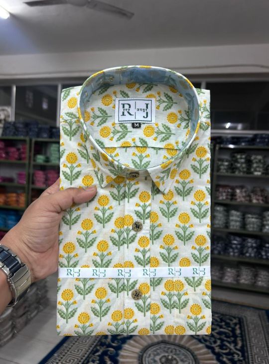 Yellow Floral Sanganeri Print Cotton Shirt for Men
