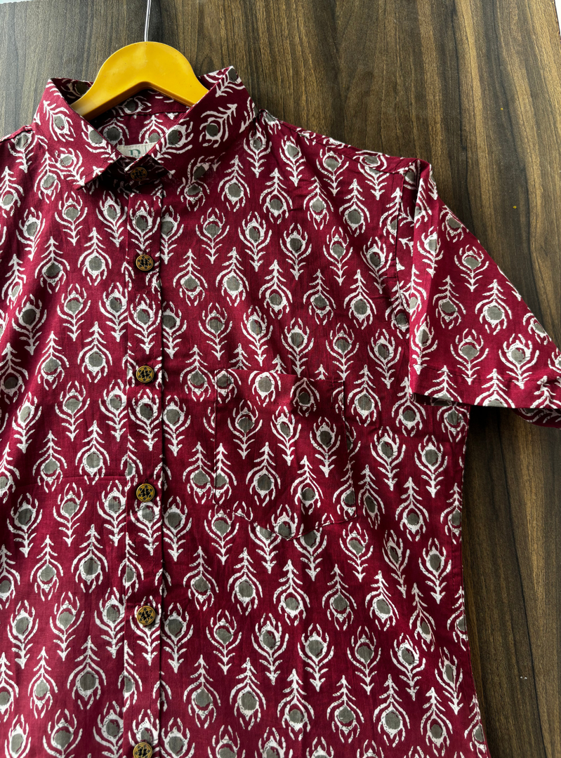 Jaipur Block Print Cotton Shirt – Maroon with Grey Motifs
