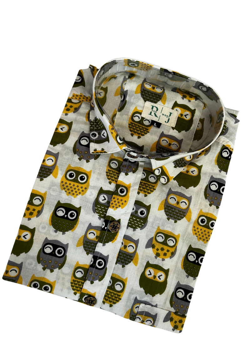 White Owl Pattern Printed Shirt for Men – Premium Cotton