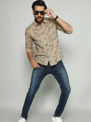 Elegant Floral Pattern Shirt for Men – Beige and Blue Design