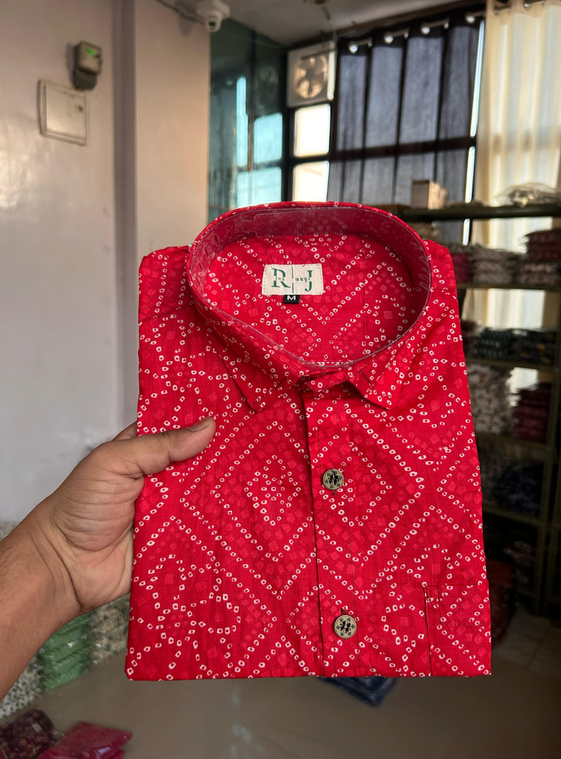 Men’s Red Bandhej Print Shirt – Premium Jaipuri Cotton