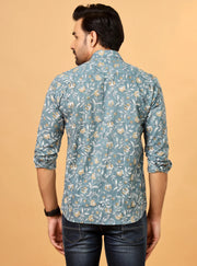 Stylish Teal Floral Shirt for Men – Premium Cotton