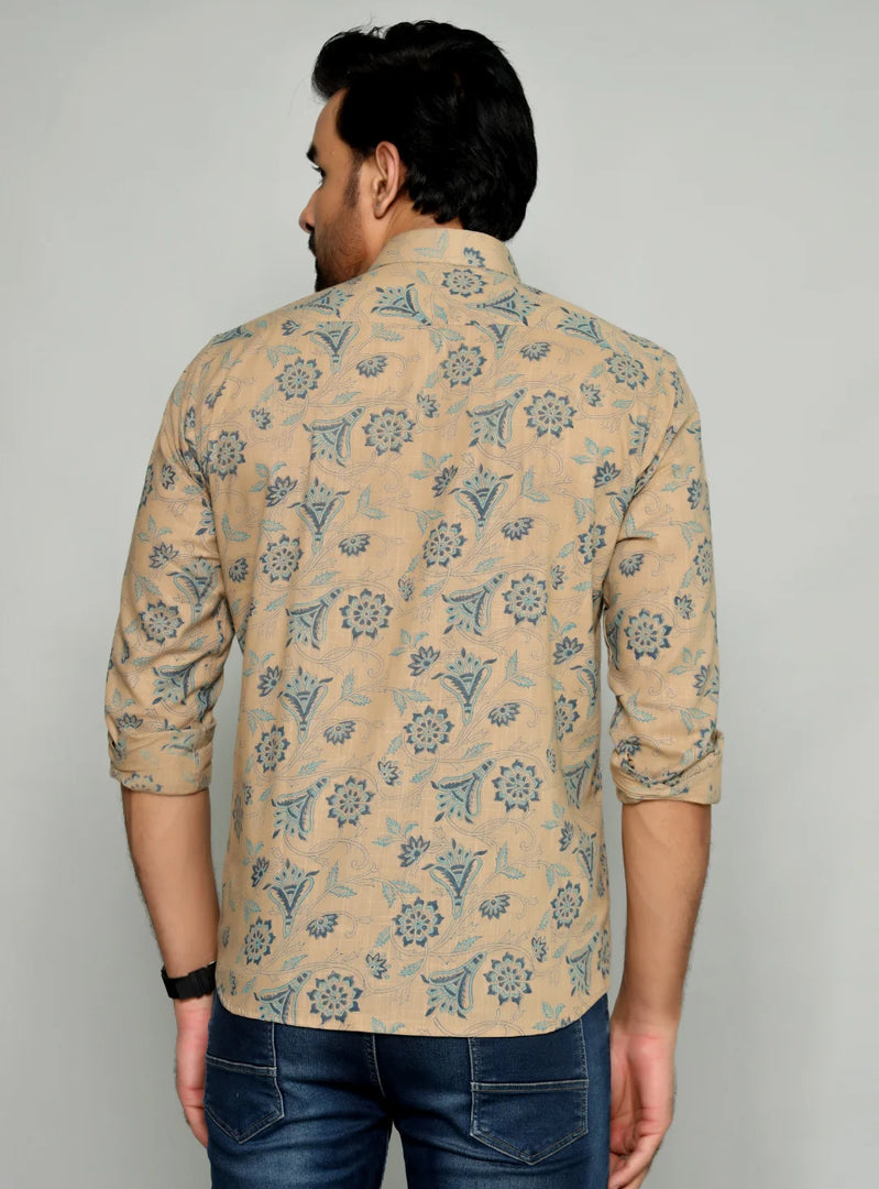 Elegant Floral Pattern Shirt for Men – Beige and Blue Design