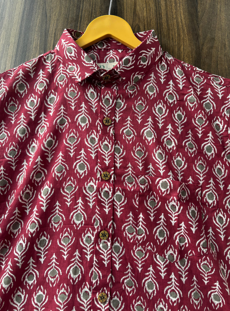 Jaipur Block Print Cotton Shirt – Maroon with Grey Motifs