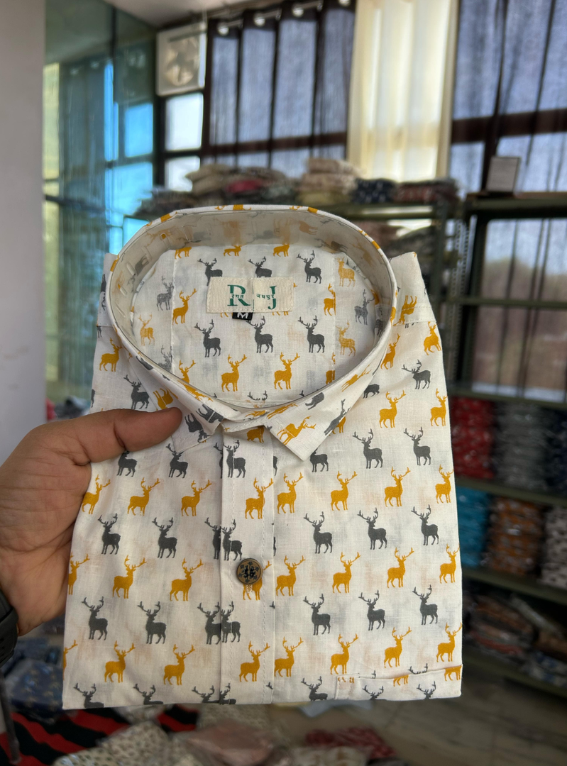 Men’s Deer Print Cotton Shirt – Forest Theme Casual Wear