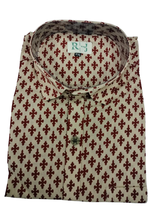 Off White Maroon Block Print Cotton Shirt for Men