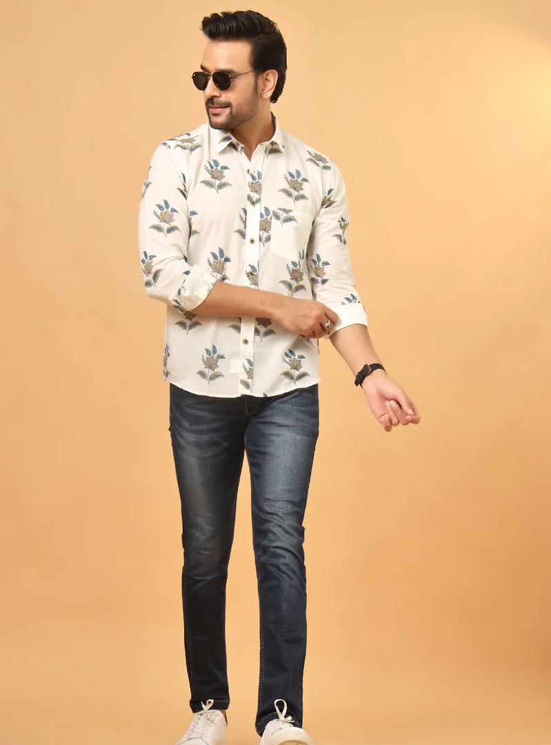 Men's Beige Floral Shirt – Blue & Yellow Printed Casual Top