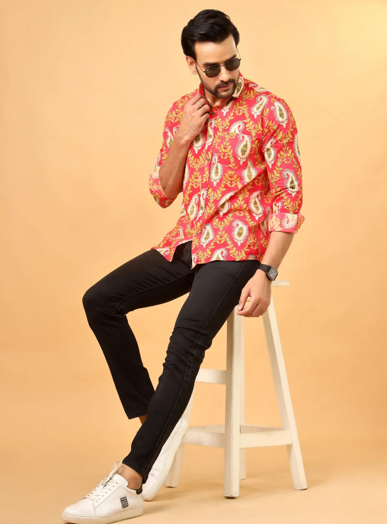 Men's Black Kalamkari Style Folk Print