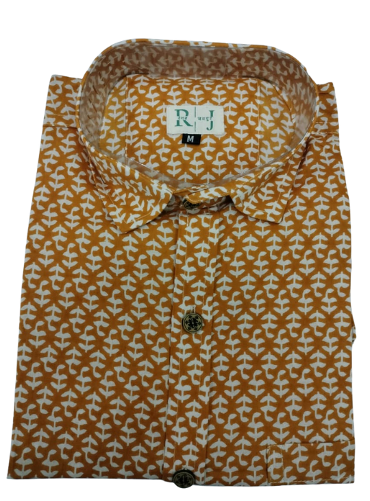 Mustard Leaf Print Cotton Shirt for Men