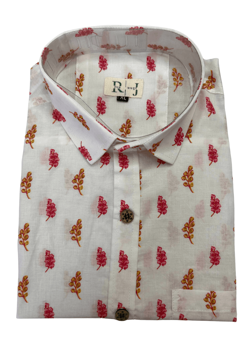 White Sanganeri Print Shirt - Red & Yellow Leaves