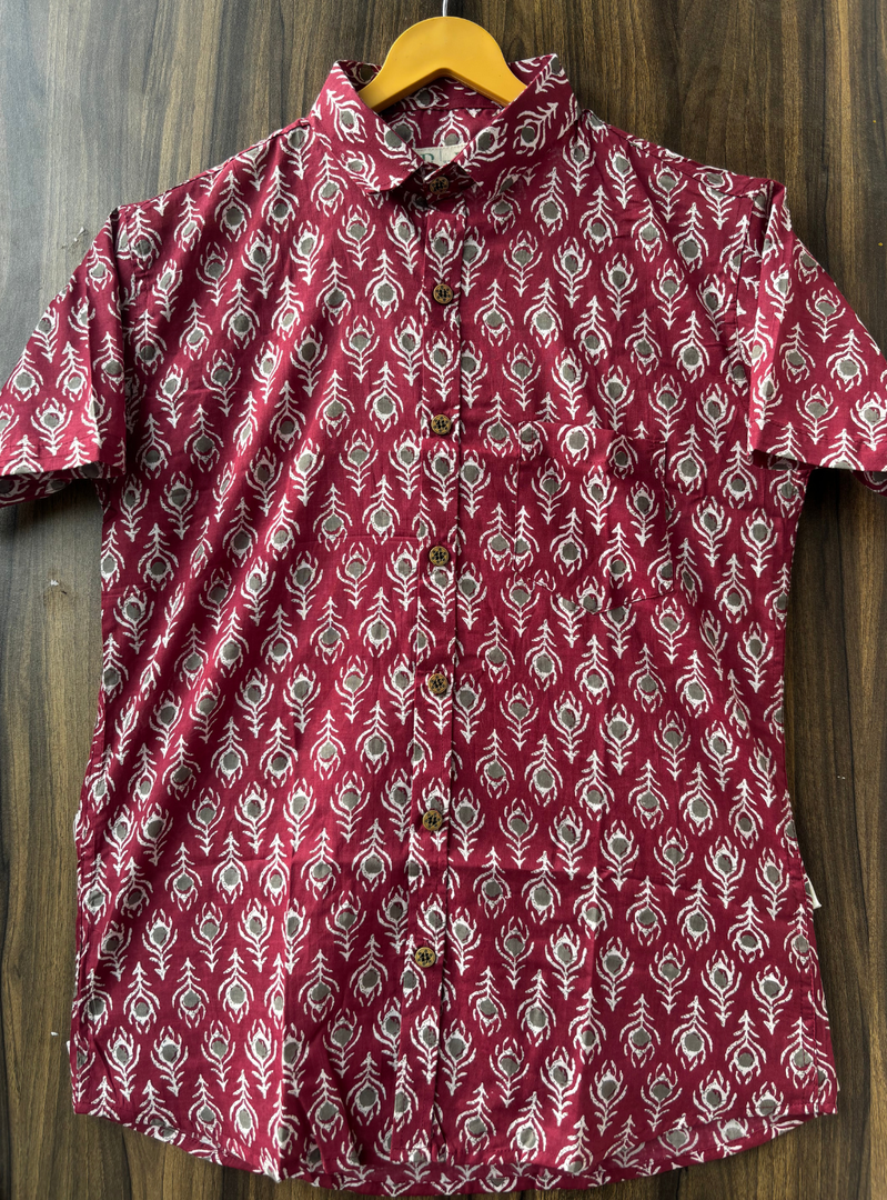 Jaipur Block Print Cotton Shirt – Maroon with Grey Motifs