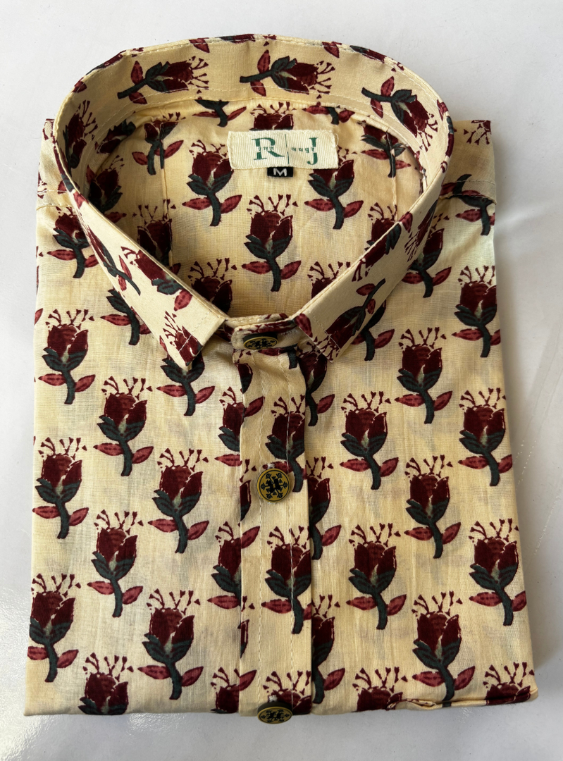 Cream & Maroon Traditional Block Print Shirt for Men