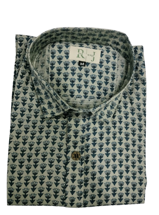 Men's Blue Floral Print Cotton Shirt