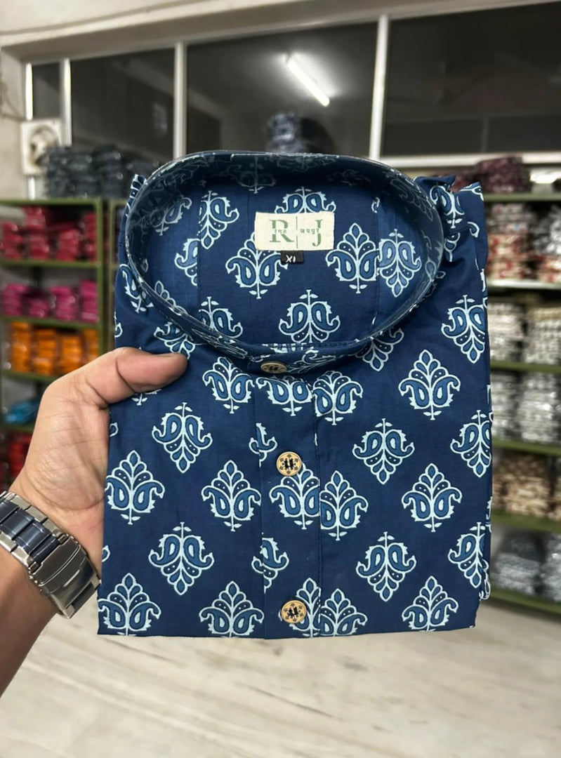Indigo Buti Print Sanganeri Cotton Short Kurta for Men